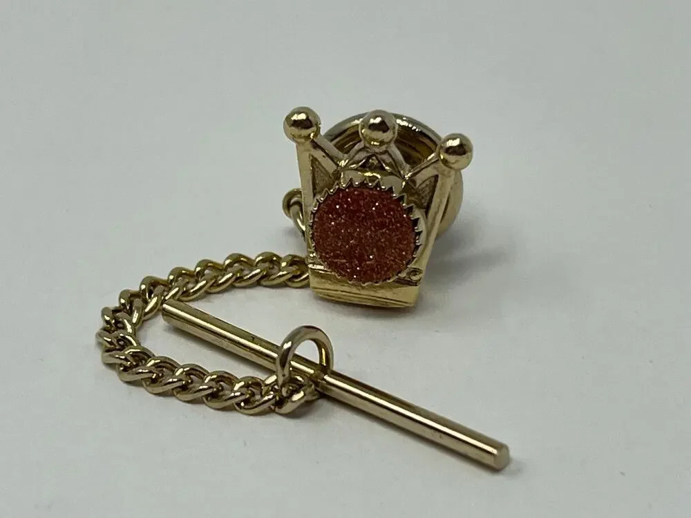 Vintage Crown Tie Tack Goldstone Cabochon Gold Tone T-Bar Chain Pin Men